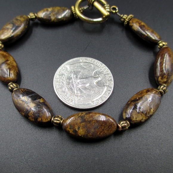 Vintage 8" Inch Bronze Tone Brown Stone Bracelet - Picture 2 of 5